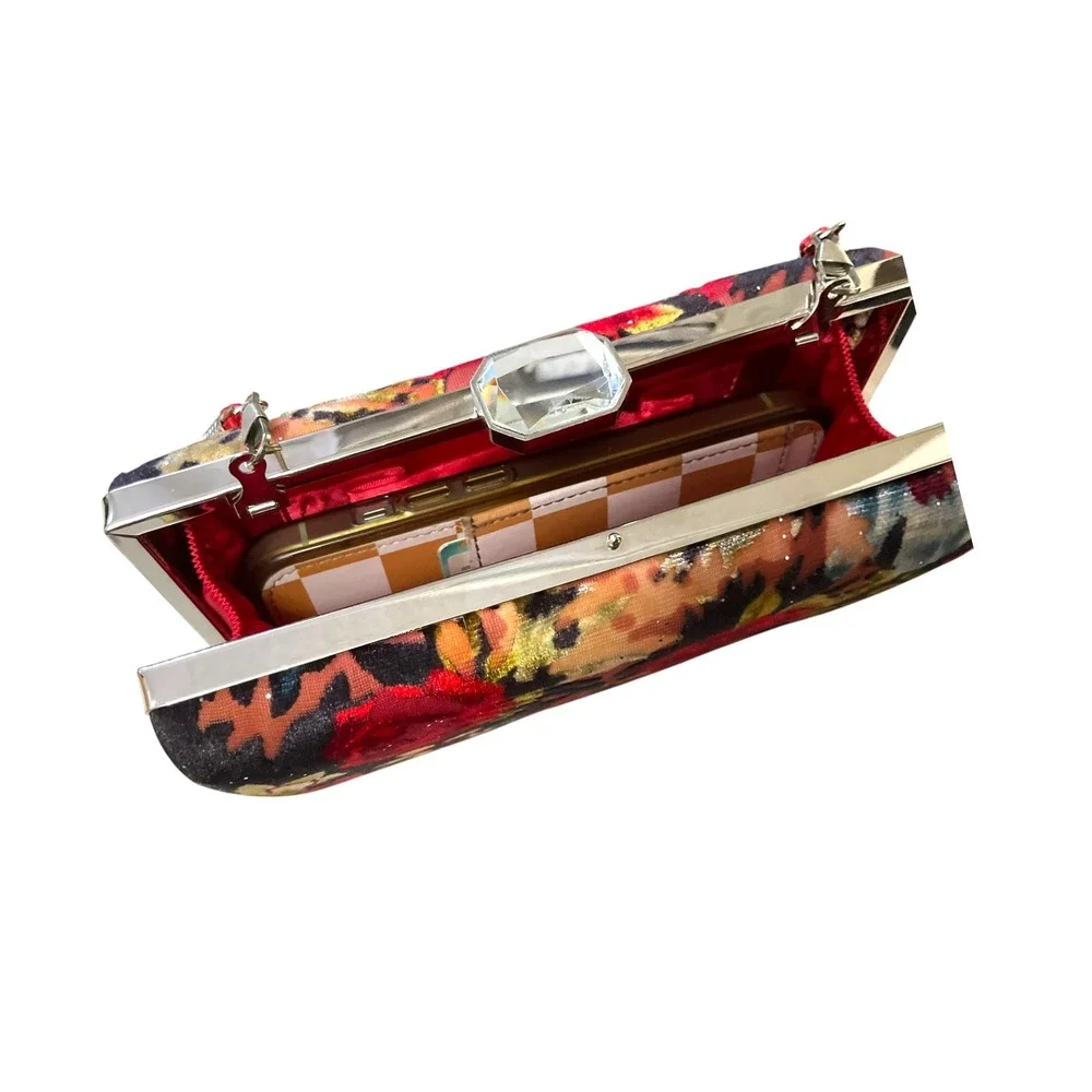 Vintage Floral Velvet Box Clutch Evening Bag Black Red Crossbody Purse Silver‎